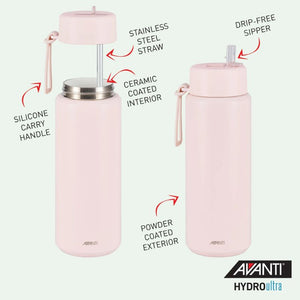 Avanti HydroUltra Vacuum Water Bottle in Blush Pink with features highlighted on a light green background.