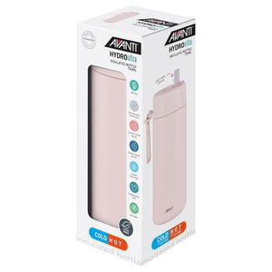 Avanti HydroUltra Vacuum Water Bottle in Blush Pink in retail packaging against a white background.
