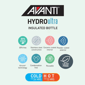Avanti HydroUltra Vacuum Water Bottle features shown against a light green background.
