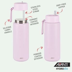 Avanti HydroUltra Vacuum Water Bottle in Lilac with features highlighted on a light green background.