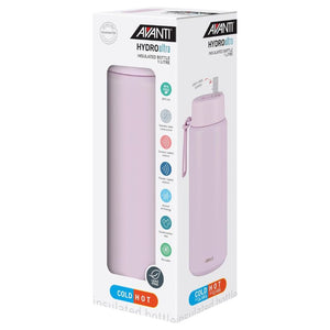 Avanti HydroUltra Vacuum Water Bottle in Lilac shown in retail packaging against a white background.