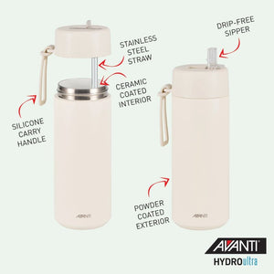 Avanti HydroUltra Vacuum Water Bottle in Sand Dune with features highlighted on a light green background.