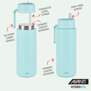 Avanti HydroUltra Vacuum Water Bottle in Sea Breeze Blue with features highlighted on a light green background.