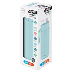 Avanti HydroUltra Vacuum Water Bottle in Sea Breeze Blue shown in retail packaging against a white background.