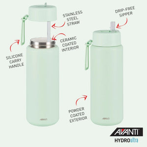 Avanti HydroUltra Vacuum Water Bottle in Soft Mint with features highlighted on a light green background.