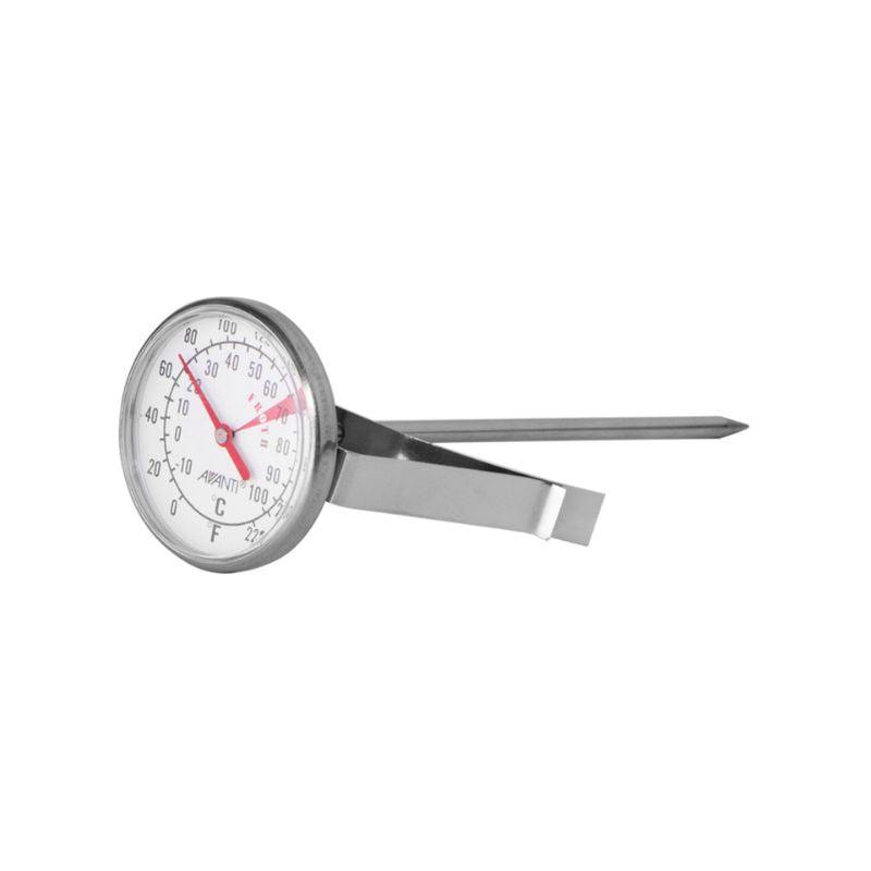 Avanti Large Dial Milk Frothing Thermometer - stainless steel body and probe with glass face displaying temperature in degrees Celcius and Fahrenheit