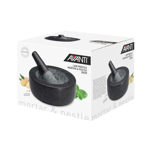 Avanti Low Profile Mortar & Pestle in Black in retail packaging on a white background.