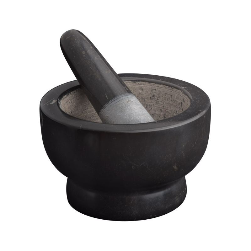 Avanti Marble Footed Mortar & Pestle in Black shown against a white background.