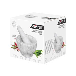 Avanti footed marble mortar and pestle retail packaging shown on a white background.