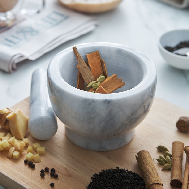 Avanti Marble Footed Mortar & Pestle in white shown against a white background.