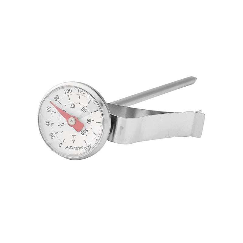 Avanti Milk Frothing Thermometer - stainless steel milk thermometer with glass face shown on a white background