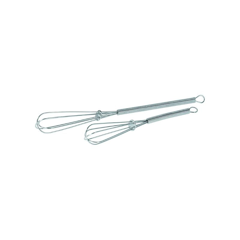 Pair of stainless steel wire whisks with slim handles and hanging loops, shown side by side on a white background