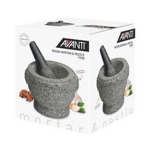 Retail packaging for the 17 cm Avanti Rough Mortar & Pestle in Grey.