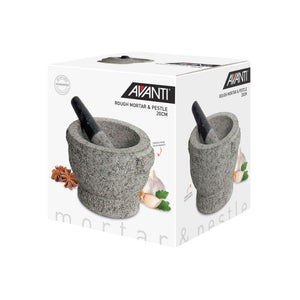 Retail packaging for the Avanti Rough Mortar & Pestle - Grey (20 cm).
