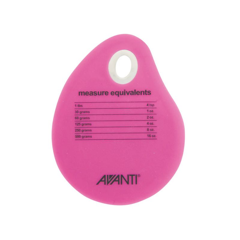 Avanti Pink Silicone Bowl Scraper with a white hanging loop and printed measure equivalents chart on a white background.
