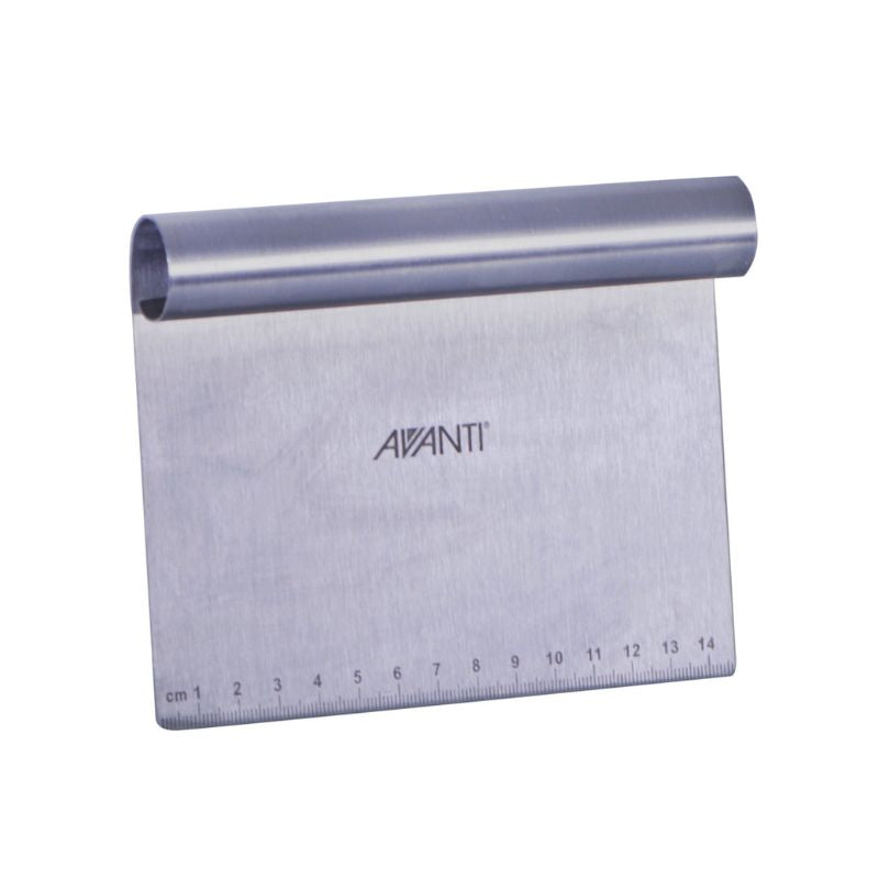 Avanti Stainless Steel Dough Scraper shown with integrated handle, blade and measuring scale on a white background