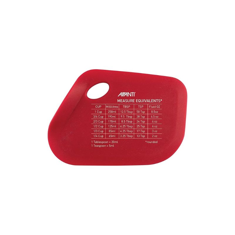 Red Avanti stand-up silicone dough scraper with measurement markings, shown on a white background