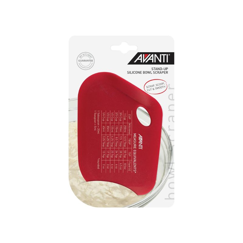 Red Avanti stand-up silicone dough scraper with measurement markings, shown on a white background
