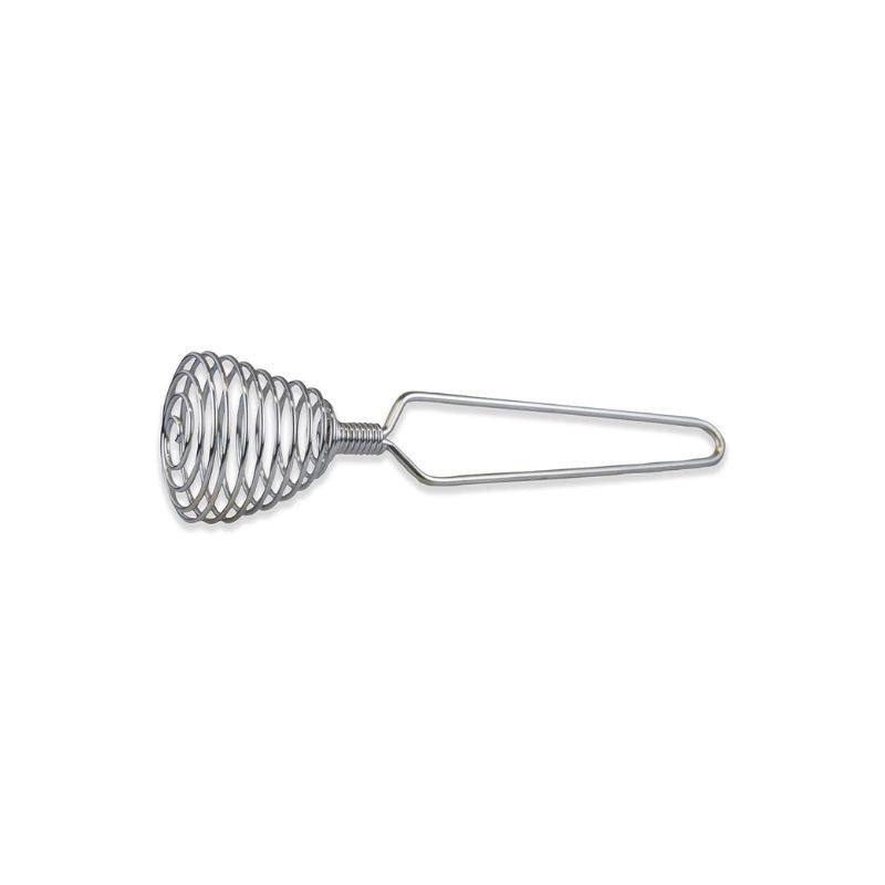 Stainless steel spring coil whisk with loop handle, shown on a white background
