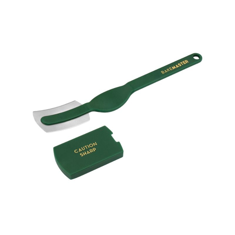 Bakemaster Dough Scoring Lame NZ - metal blade in green plastic housing on a white background