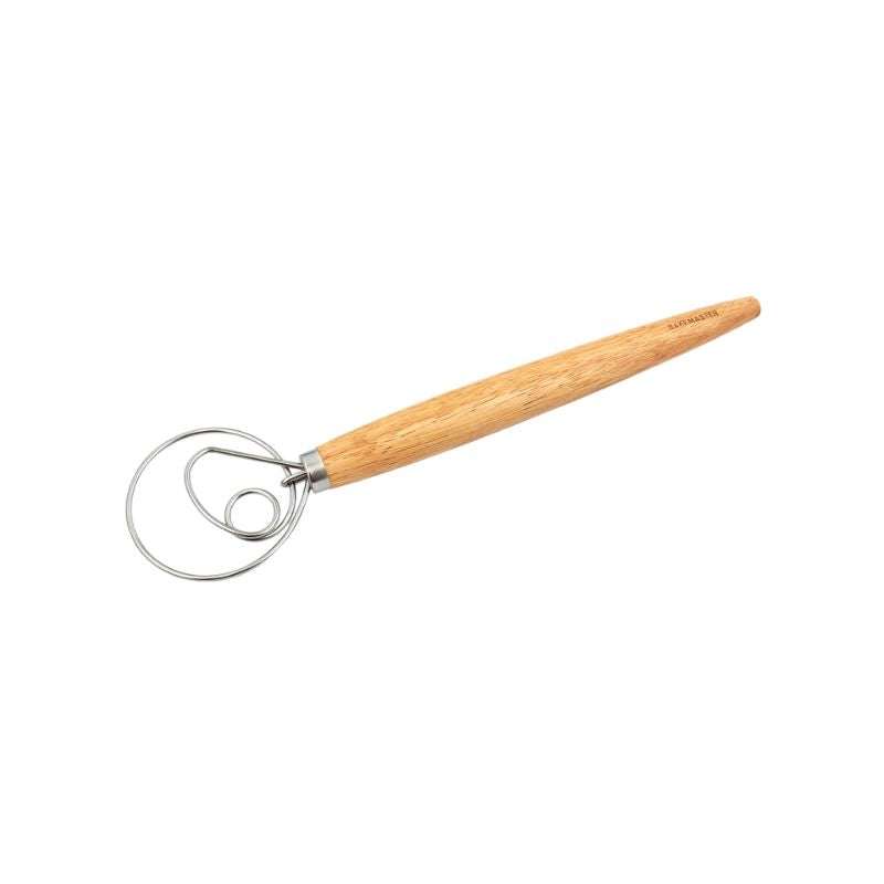 Bakemaster Dough Whisk with a wooden handle on a white background