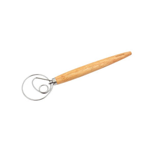 Bakemaster Dough Whisk with a wooden handle on a white background