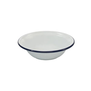 Bakemaster Enamel Cereal Bowl with a blue rim on a white background