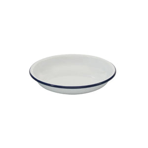 Bakemaster Enamel Pasta Plate 19cm with blue rim on a white background