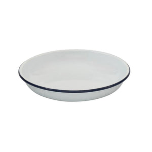 Bakemaster Enamel Pasta Plate 23cm with a blue rim on a white background