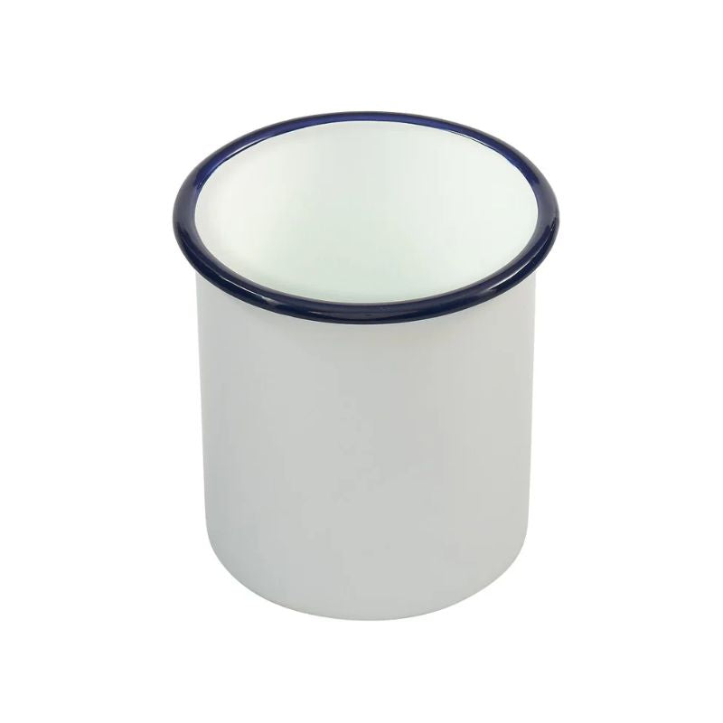 Bakemaster Enamel Utensil Holder with blue rim on a white background