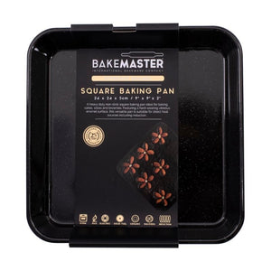 Bakemaster Professional Vitreous Enamel Square Baking Pan with packaging on a white background