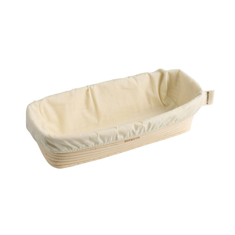 Bakemaster Rectangular Proving Basket with a fabric insert shown on a white background.