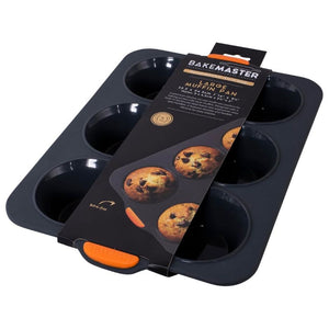 Bakemaster Silicone Large Muffin Pan – 6 Cup shown with its retail packaging card. The packaging features images of chocolate chip muffins.