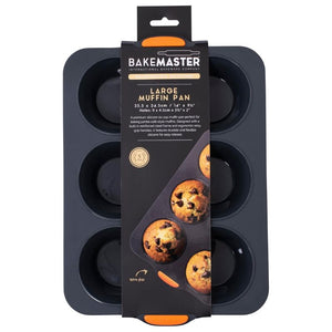 Bakemaster Silicone Large Muffin Pan – 6 Cup in its retail packaging, on a white background.