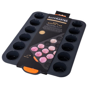 Bakemaster Silicone Mini Muffin Pan – 24 Cup shown in its black and orange retail packaging on a plain white background.