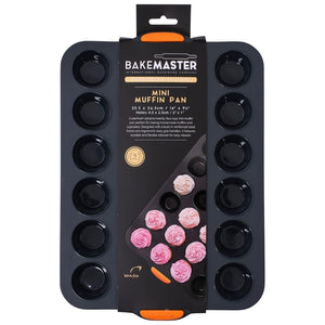 Bakemaster Silicone Mini Muffin Pan – 24 Cup shown in its retail packaging with a hanging tab on a white background.