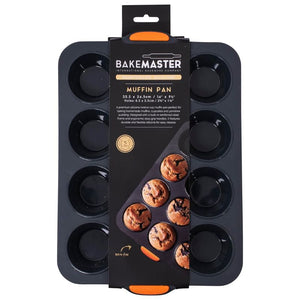 Bakemaster Silicone Muffin Pan – 12 Cup in retail packaging on a plain white background.