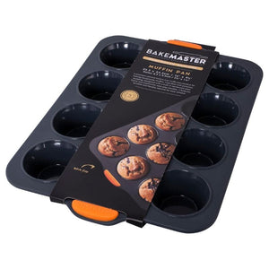 Bakemaster Silicone Muffin Pan – 12 Cup shown with its black retail packaging card on a plain white background.