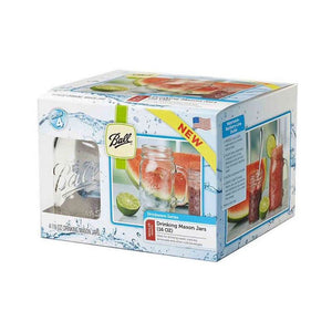 Ball Drinking Mason Jars with Handle shown in retail packaging against a white background.