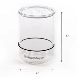 Brod & Taylor Sourdough Starter Jar shown on a white background with dimension arrows indicating 4 inches in diameter and 5 inches in height.