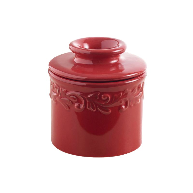 Antique Rouge Butter Bell Crock - embossed red ceramic crock with a glossy finish and vine design
