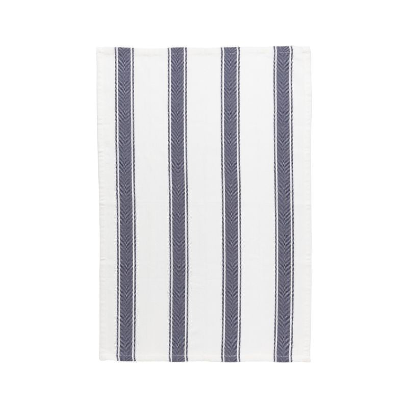 Casafina Alyssa Herringbone Stripe Kitchen Towel in Blueberry hanging to display the classic blue and white striped pattern with herringbone weave detail