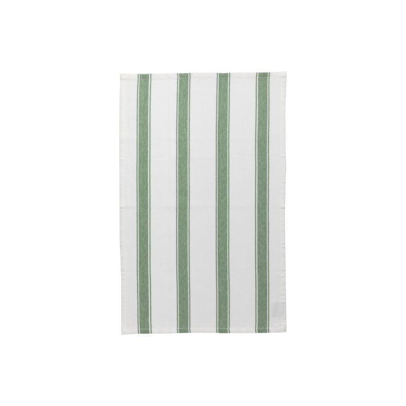 Casafina Alyssa Herringbone Stripe Kitchen Towel in Chive green hanging to display the fresh green and white striped pattern with herringbone weave detail