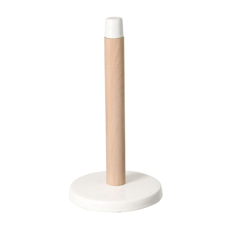 The Casafina Fattoria Paper Towel Holder in white with stoneware base, beech wood rod and stoneware cap - shown against a white background
