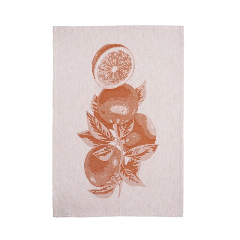 Casafina Kitchen Towel in Orange Leaves design draped from a hook on a white background