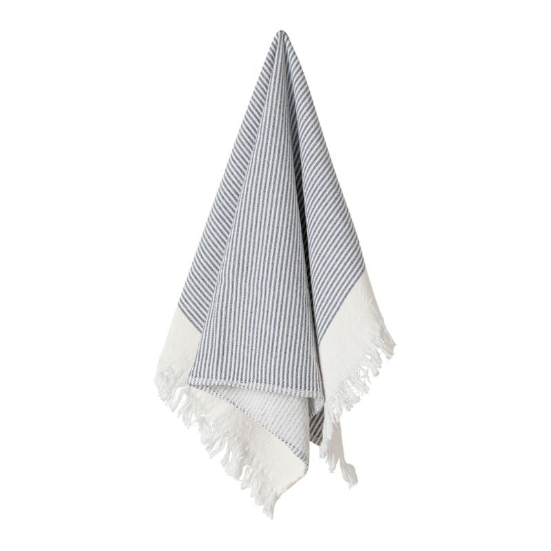 Casafina Terry Stripe Kitchen Towel in Blue hanging from a hook on a white background