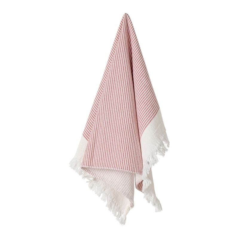 Casafina Terry Stripe Kitchen Towel in Red hanging from a hook on a white background