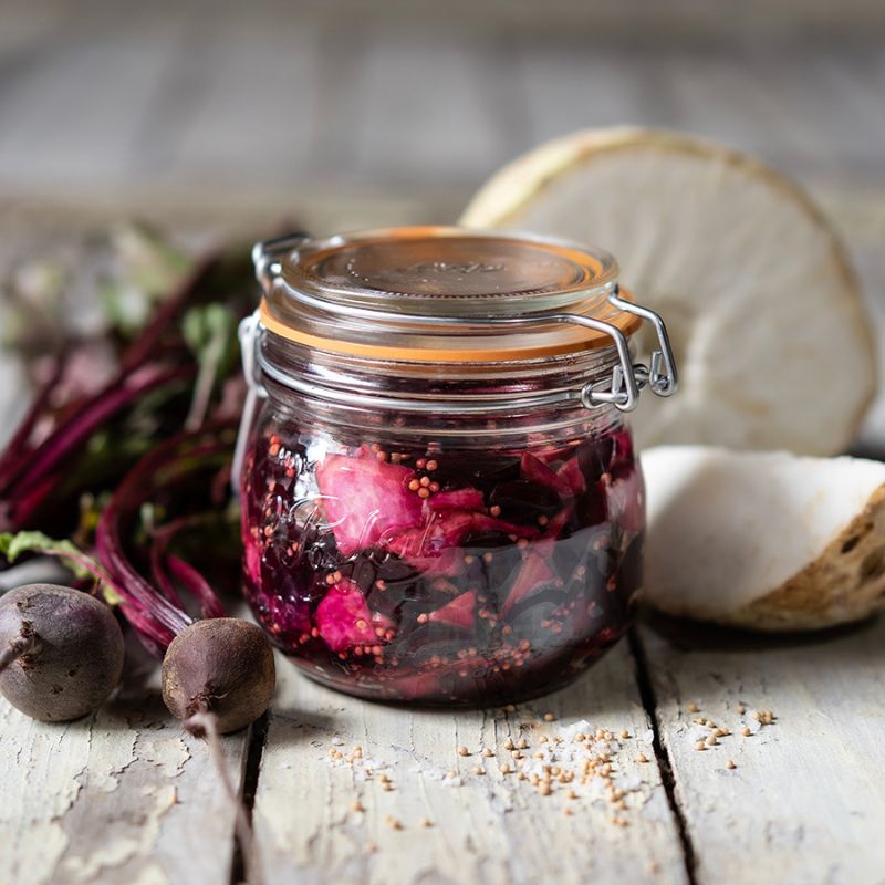 Glass clip top jar filled with pickled beetroot and spices - clip lid glass jars are ideal for preserving and pantry storage in NZ kitchens.