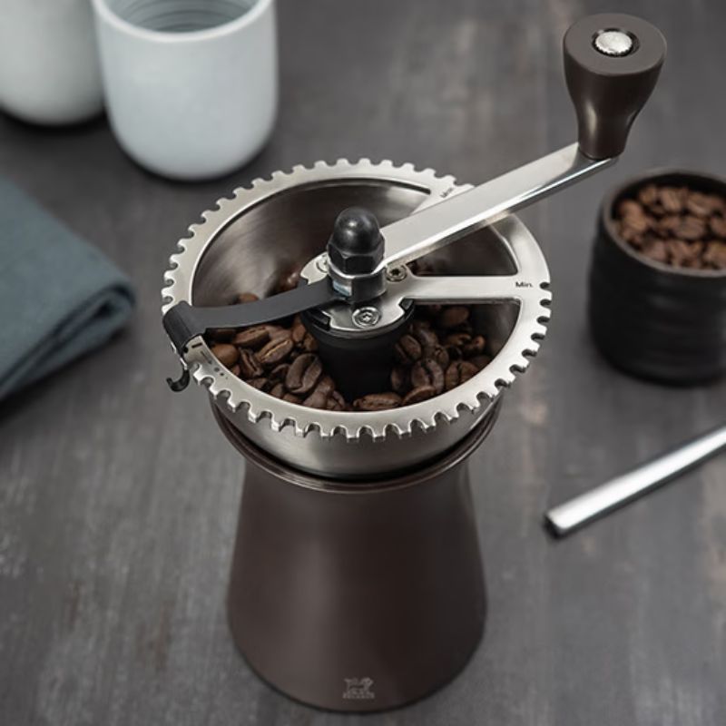 Peugeot Kronos Manual Coffee Grinder with crank handle and stainless steel top