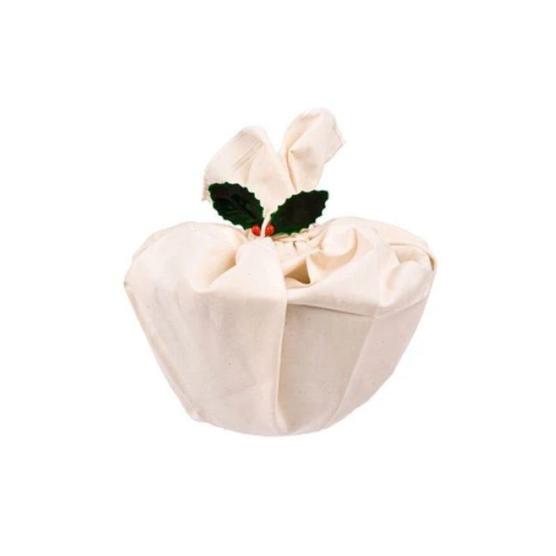 d.line Traditional Pudding Cloth with green holly leaves and red berries on a white background